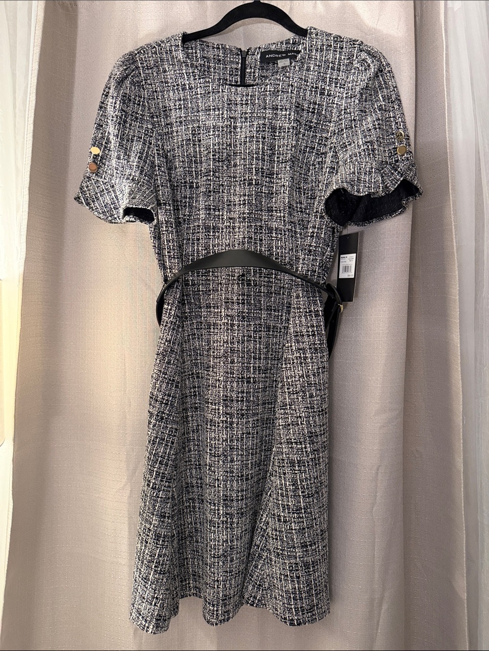 Andrew Marc Black and White Tweed A-Line Midi Dress